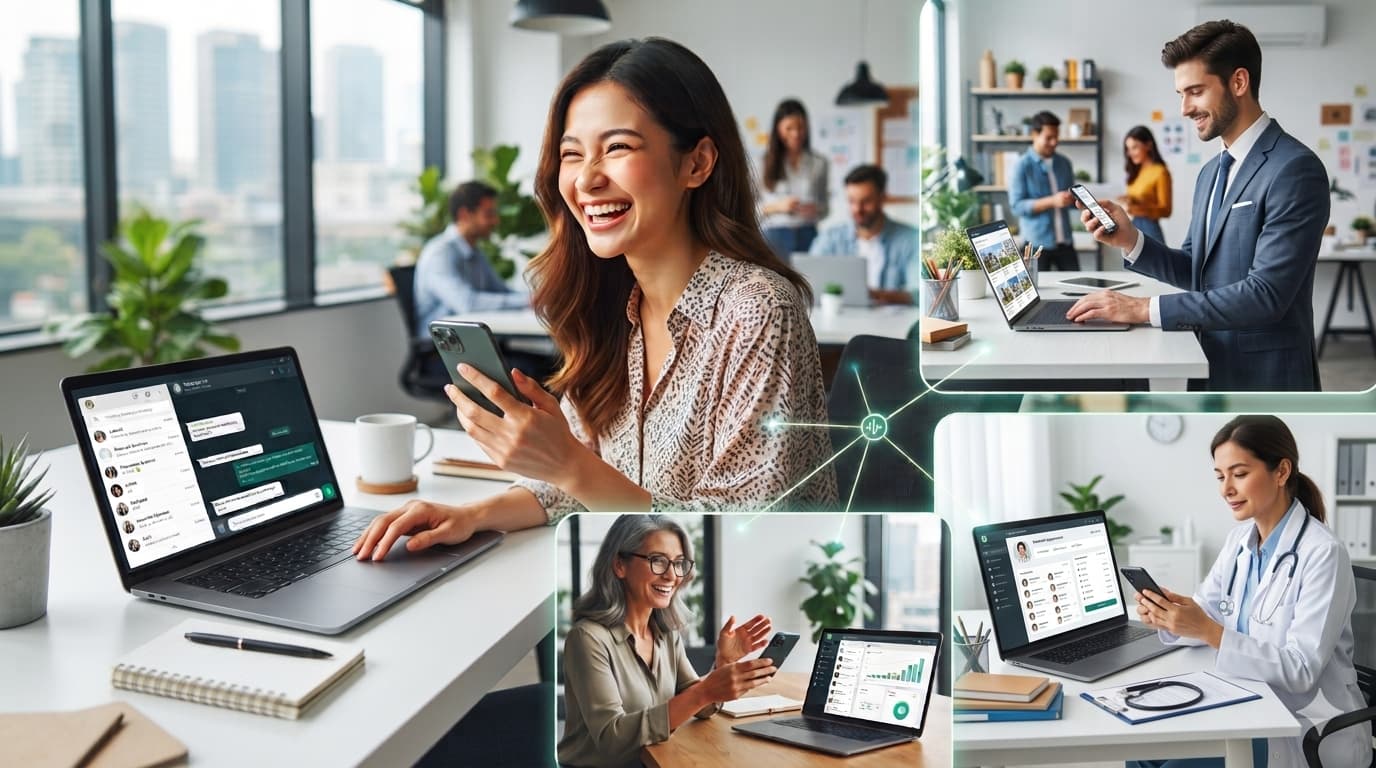Illustrative collage of professionals in healthcare, real estate and office settings using messaging tools on laptops and phones