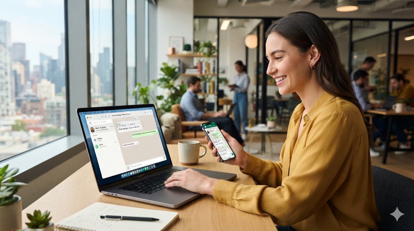A business owner smiling as she manages customer conversations on her laptop and phone in a bright workspace